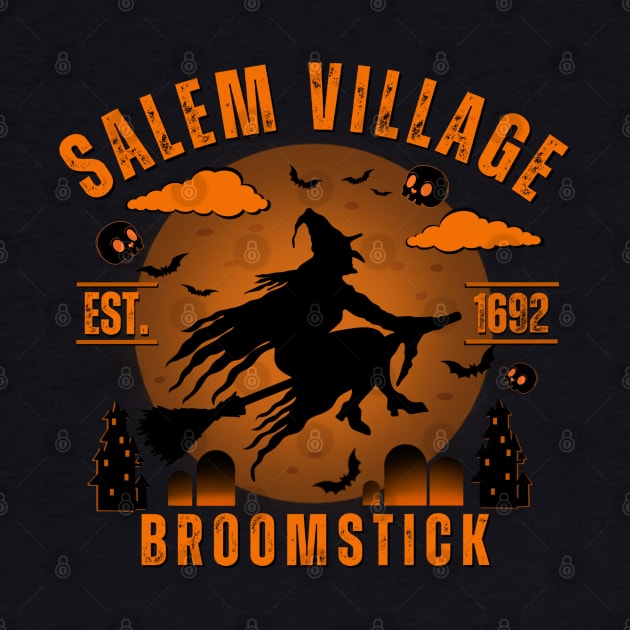Salem Village Broomstick Vintage Spooky Halloween Design by Andrew Collins